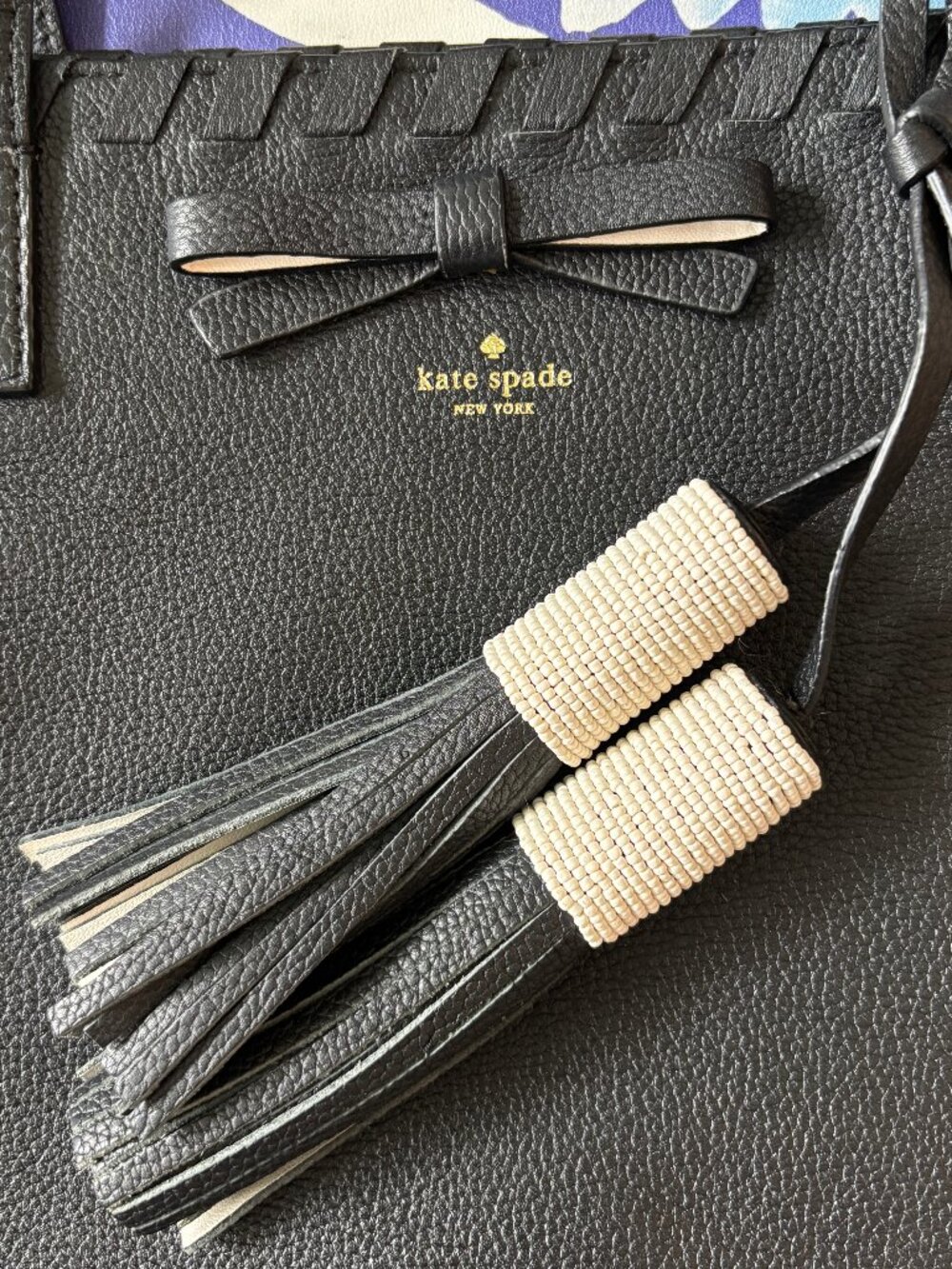 Kate Spade On Purpose Black Pebbled Leather Zip Top Tote Bag Beaded Tassels - Picture 3 of 7